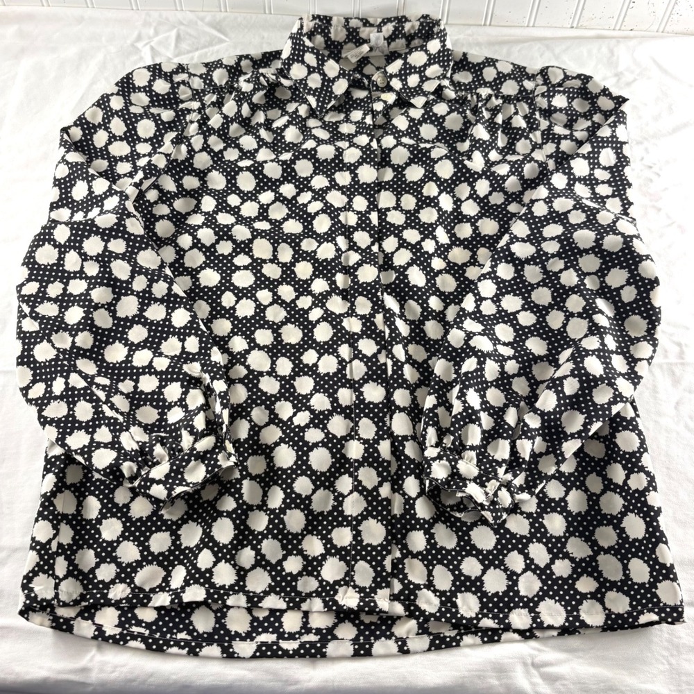 Vintage Devon Black White Abstract Polka Dot Button Down Blouse Top Size 12